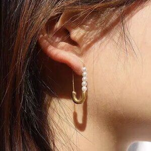 Pearl Beaded 18K Gold Plated Stainless Steel Safety Pin Earrings NEW